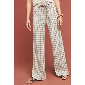 Anthropologie Womens Size 8 Cream Black Windowpane Trousers Straight Leg Pants